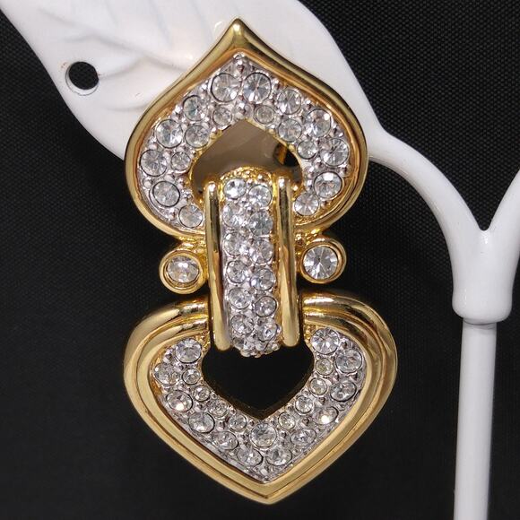 Nice SWAROVSKI Swan Logo Gold PlatedCrystal Heart Shaped  Swarovski Swan Logo Gold Plated Heart Drop Clip Earrings Clear Pave Crystals 90s